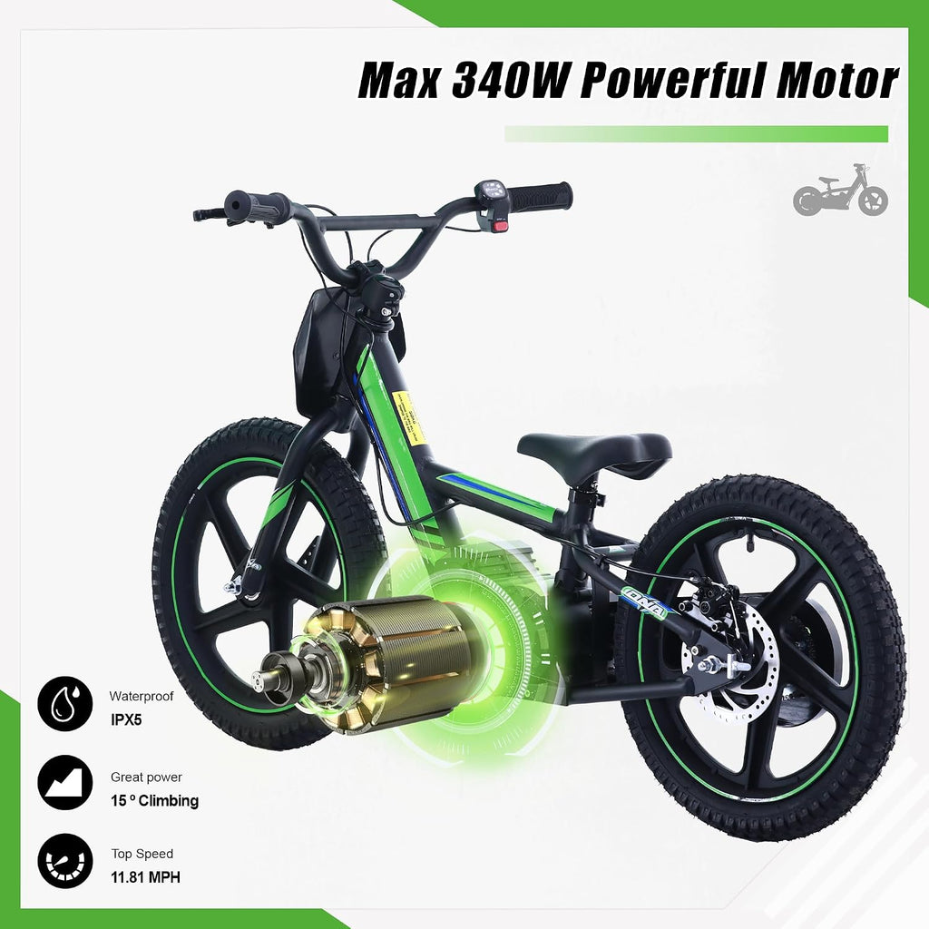 KOZRUNS Electric Dirt Bike for Kids 5-10, 340W Racing Experience Lightweight Motorcycle Up to 12MPH & 3 Speed Settings, 24V Detachable Battery, Safe Disc Brakes, 16 Inch Knobby Tires