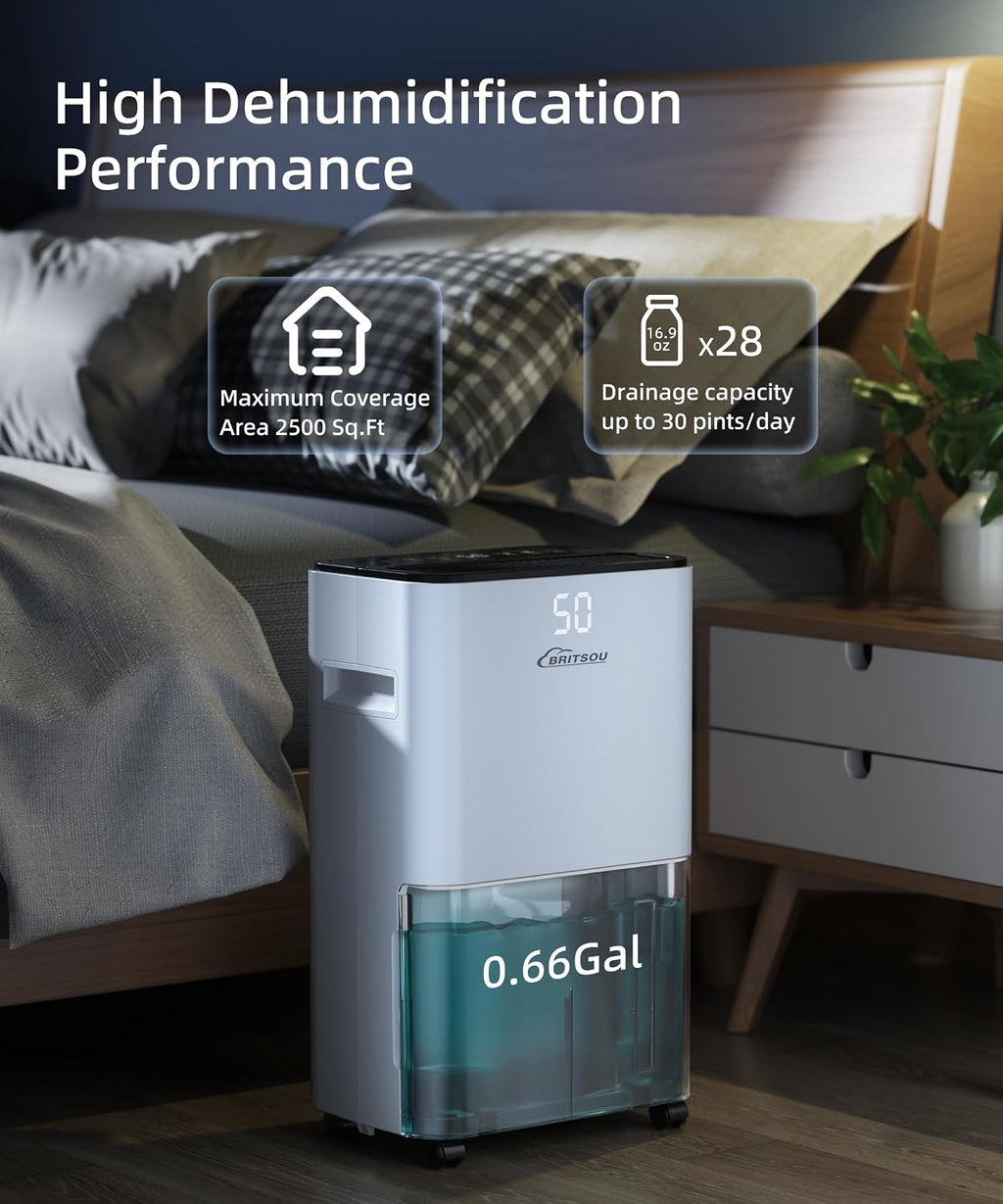 34 Pint Dehumidifier for Basement with Drain Hose & 0.66 Gallon Water Tank, Manual & Auto Drainage, Smart Quiet Dehumidifiers for Home with Auto Shut off, 24HR Timer