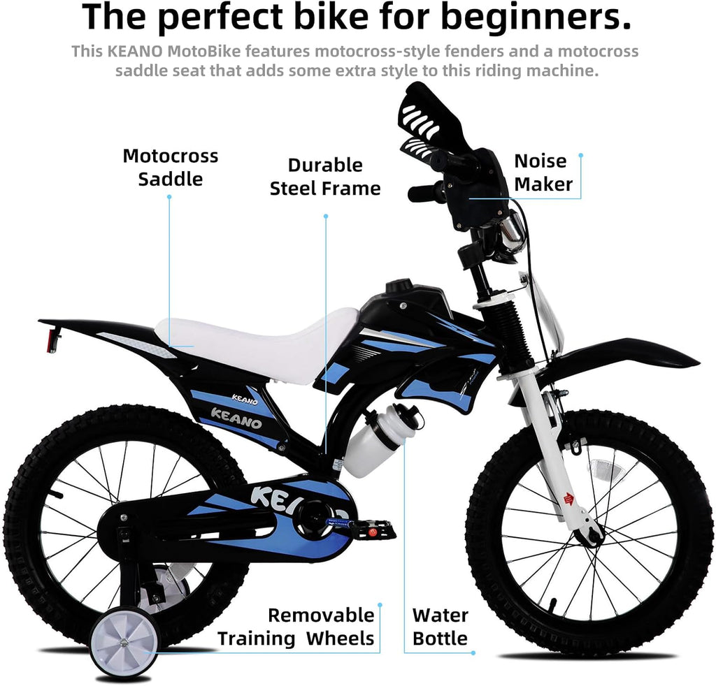 KEANO Motocross Style Kids Bike for Boys Girls Ages 3-7 Years, 12 & 16 Inch Bikes with Training Wheels and Number Plate, Children Bicycles Black