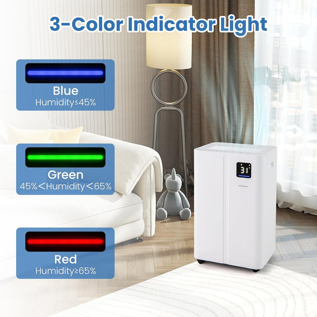 COSTWAY 54 Pints Dehumidifier for Basement, 4500 Sq.Ft Dehumidifier with 3 Modes, 24H Timer, LED Display, 3-Color Indicator Light, Child Lock, Drain Hose & Auto Defrost for Bathroom Bedroom