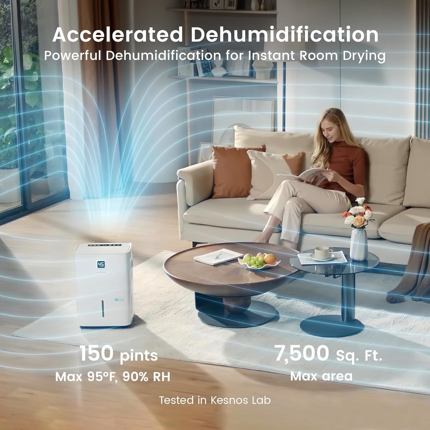 Kesnos 150 Pints Dehumidifier for Basement & Home with Drain Hose, Front LED Display and 2.11 Gal Water Tank, Ideal for Spaces up to 7,500 Sq. Ft., Featuring Auto Defrost & Timer