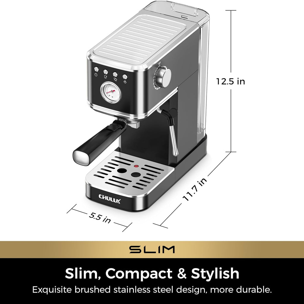 CHULUX Slim Espresso Machine with Milk Frother, 20 Bar Professional Italian Pump Espresso Coffee Machine for Home Cappuccino & Latte Maker, Stainless Steel, Black