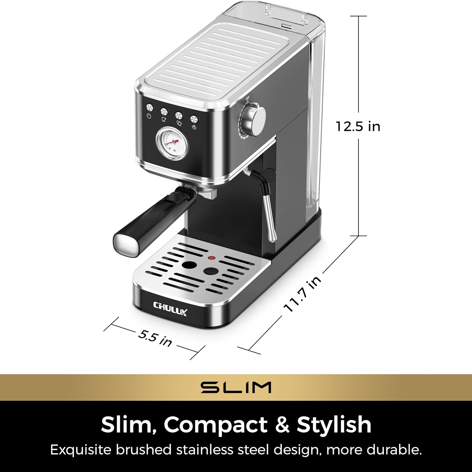 CHULUX Slim Espresso Machine with Milk Frother, 20 Bar Professional Italian Pump Espresso Coffee Machine for Home Cappuccino & Latte Maker, Stainless Steel, Black