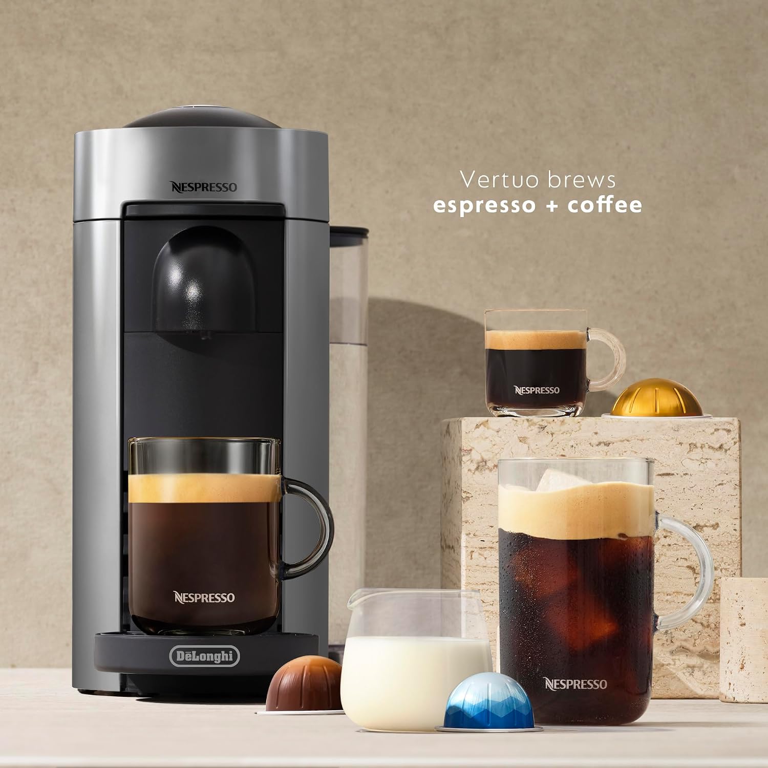 De'Longhi Nespresso Vertuo Plus Coffee and Espresso Maker by De'Longhi, Grey with Aeroccino Milk Frother