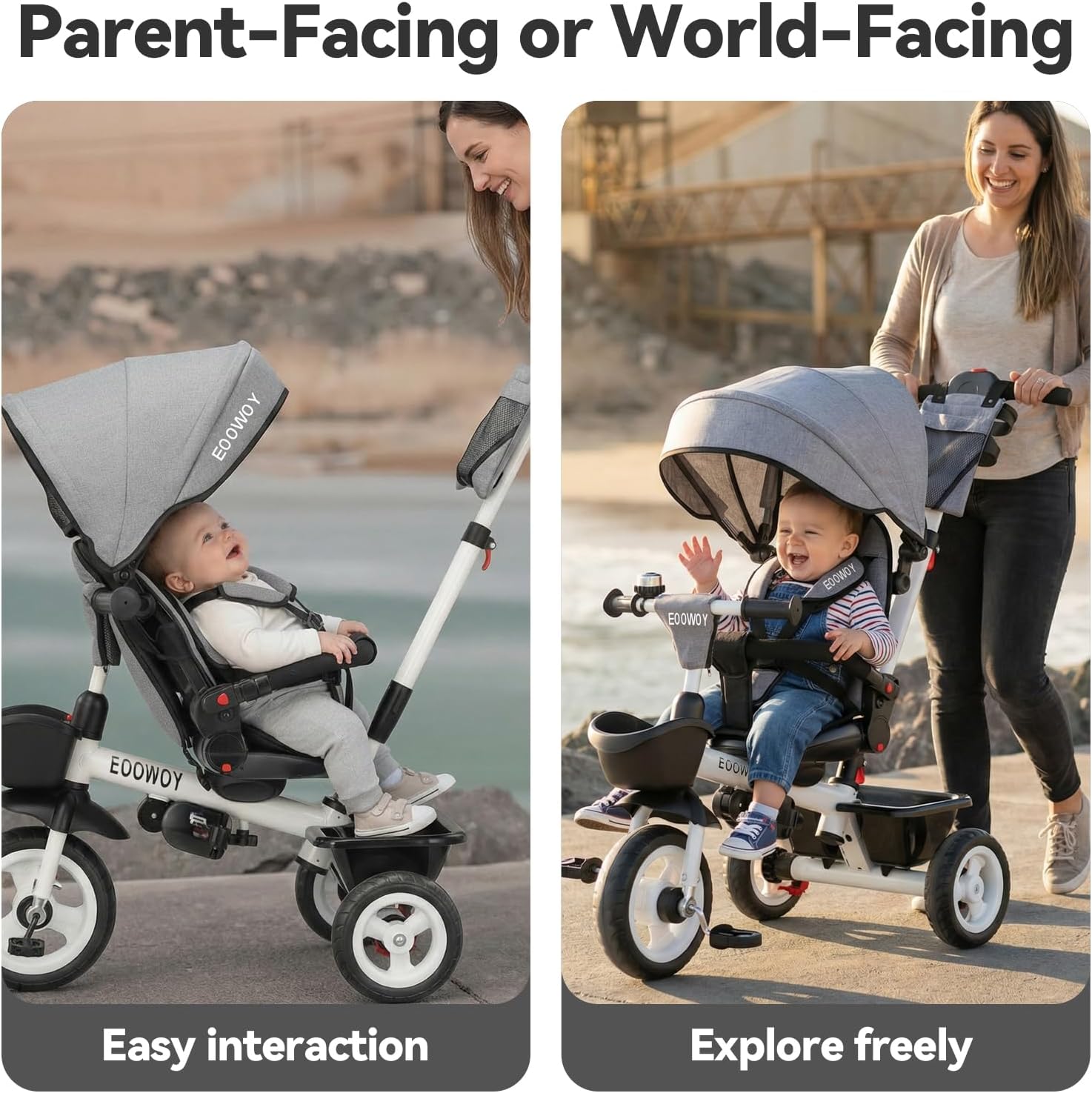 EOOWOY Toddler Tricycle with Push Handle, 7 in 1 Stroller Trike with 360° Swivel Seat, Reclining Backrest, All-Terrain Wheels, Dual Brakes, Canopy & Storage, Gift for Kids 18 Months to 5 Years, Gray