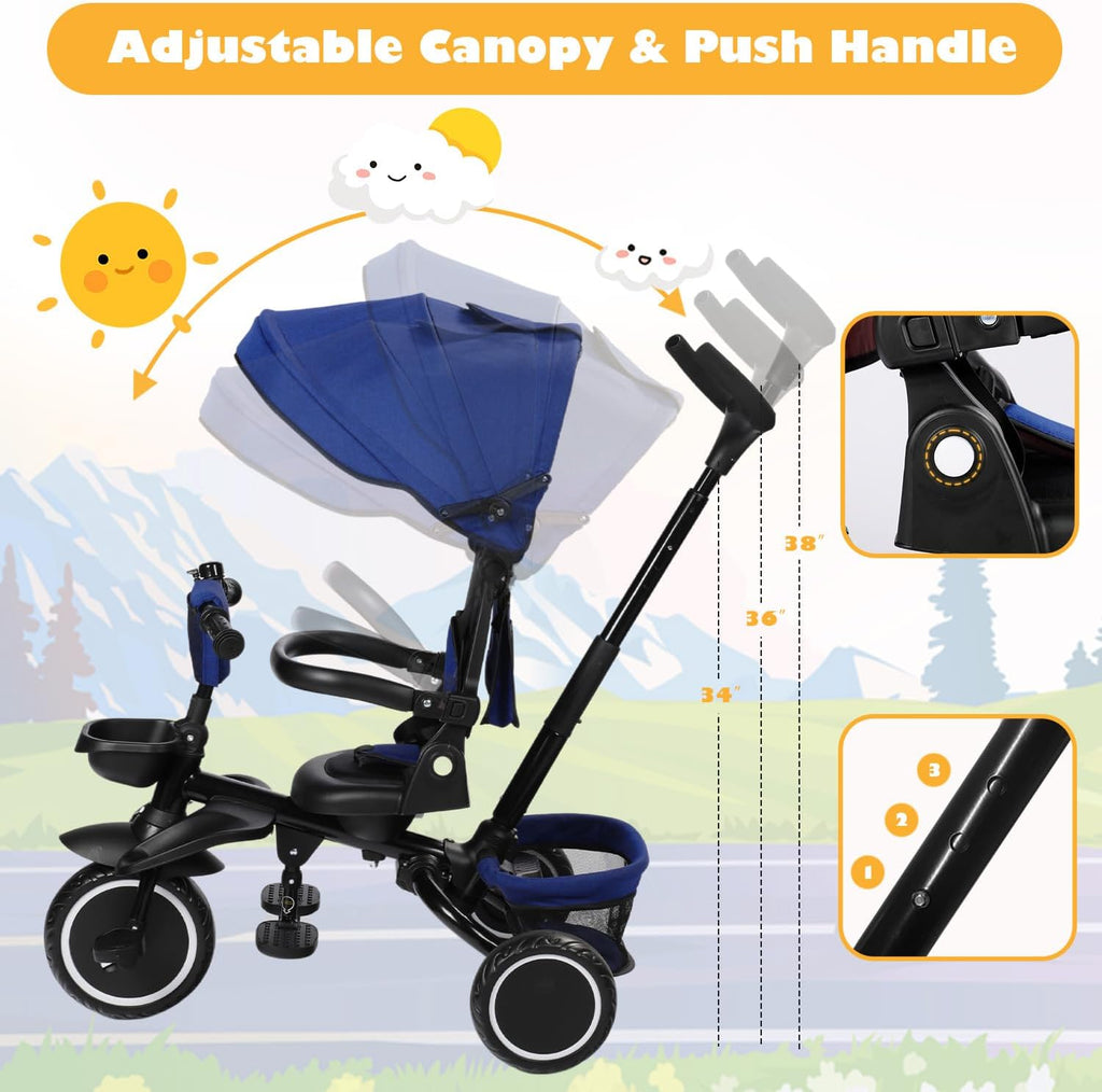 TODEFULL Folding Kids Tricycle, 8 in 1 Toddler Trike W/Removable & Adjustable Canopy, Parent Handle, 5-Piont Harness, Toddler Bike Tricycle for Kids 1-6 Years, EVA Wheels, Storage Basket, Blue