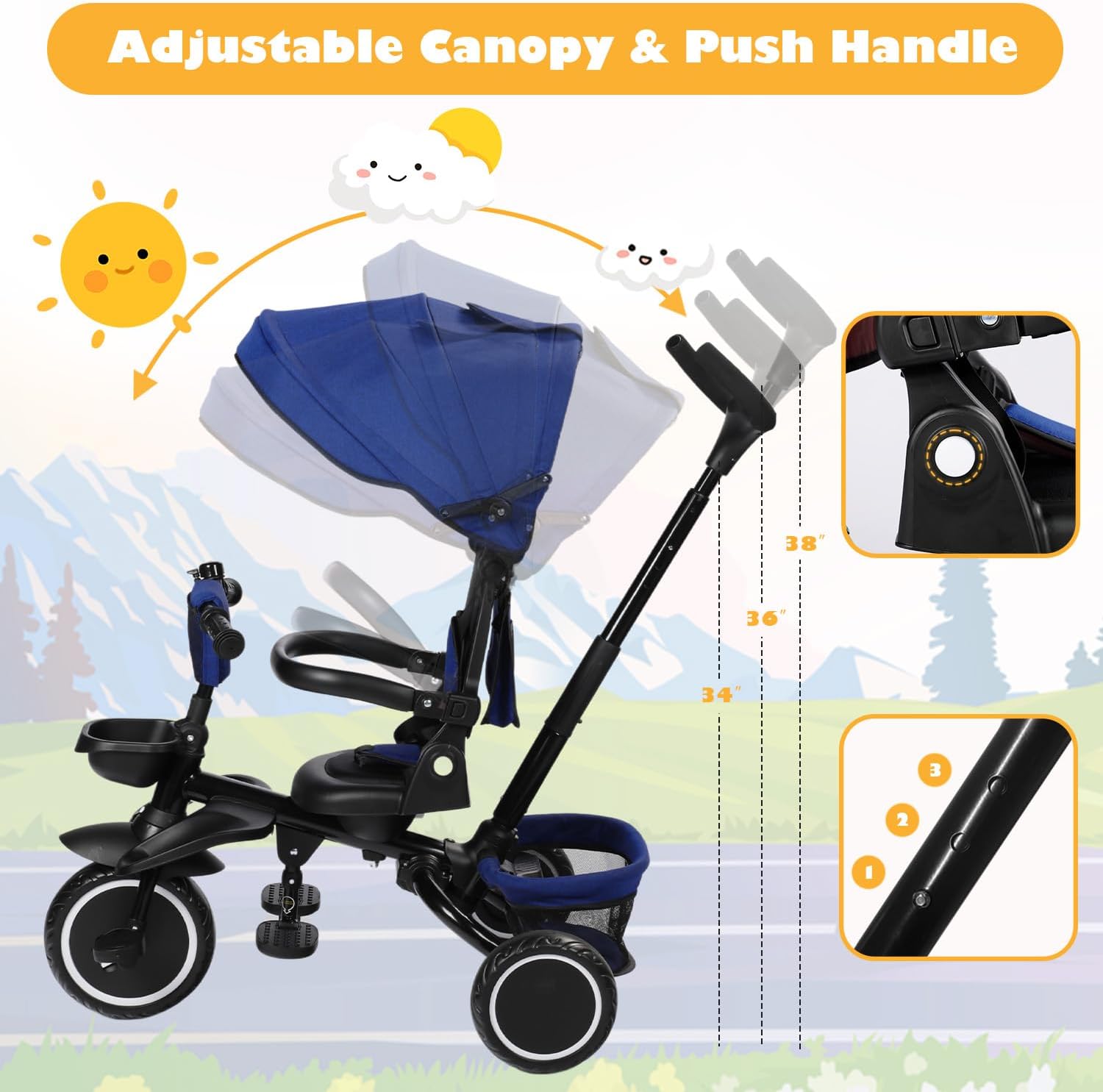 TODEFULL Folding Kids Tricycle, 8 in 1 Toddler Trike W/Removable & Adjustable Canopy, Parent Handle, 5-Piont Harness, Toddler Bike Tricycle for Kids 1-6 Years, EVA Wheels, Storage Basket, Blue
