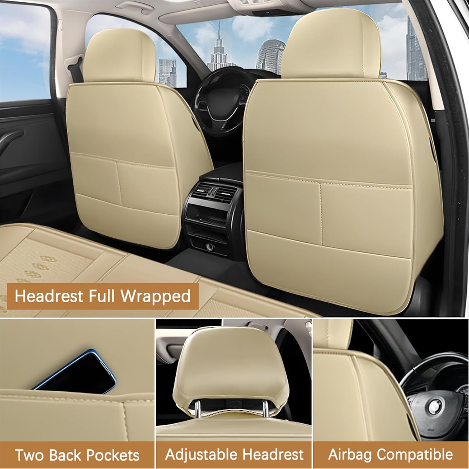 Leather Seat Covers for Toyota Land Cruiser 2000-2024,Premium Car Seat Covers Front Set,Waterproof Car Seat Protectors with Airbag,Comfort Interior Cover Seats for Cars(Beige)