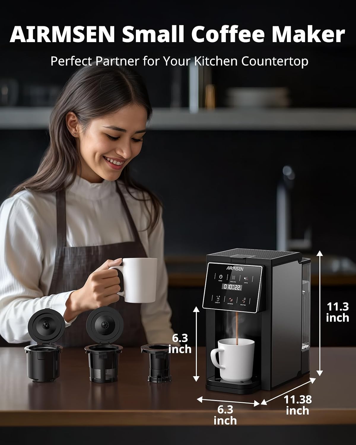 AIRMSEN Grind & Brew Coffee Maker with Built-in Grinder - Single-Serve Machine Compatible with K-Cup Pods & Ground Coffee, 1000W Fast 6-14oz Brew, Descaling Alert, Touchscreen & 50oz Removable Tank