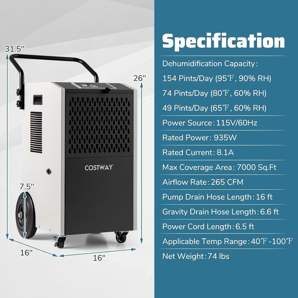 COSTWAY 154 Pints Commercial Dehumidifier with Pump, Portable Industrial Heavy Duty Large Dehumidifier with Drain Hoses for Basements, Job Sites (White)
