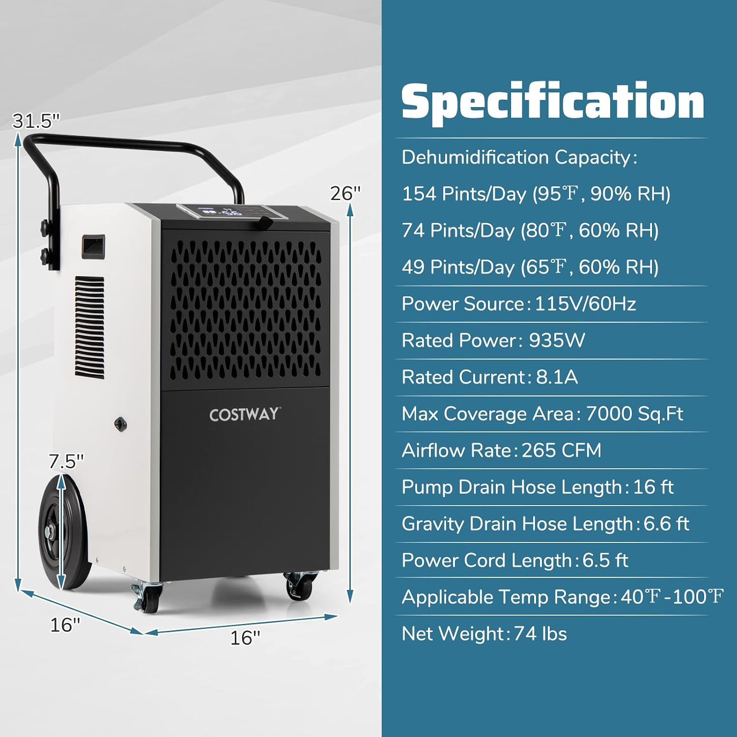 COSTWAY 154 Pints Commercial Dehumidifier with Pump, Portable Industrial Heavy Duty Large Dehumidifier with Drain Hoses for Basements, Job Sites (White)