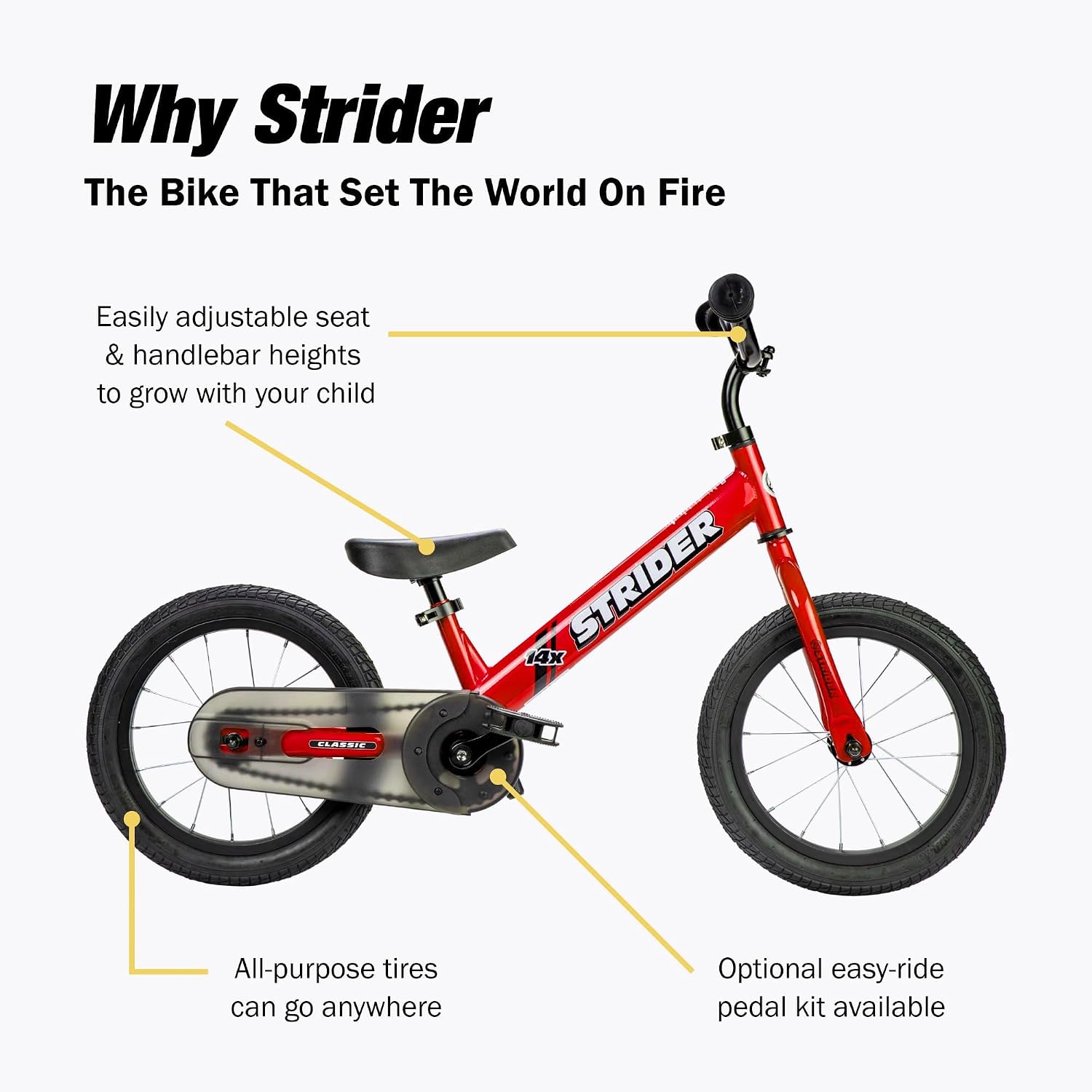 Strider 14x Classic, Balance Bike for Kids 3 to 6 Years - Includes Custom Grips, Padded Seat, Performance Footrest & All-Purpose Tires - Easy Assembly & Adjustments