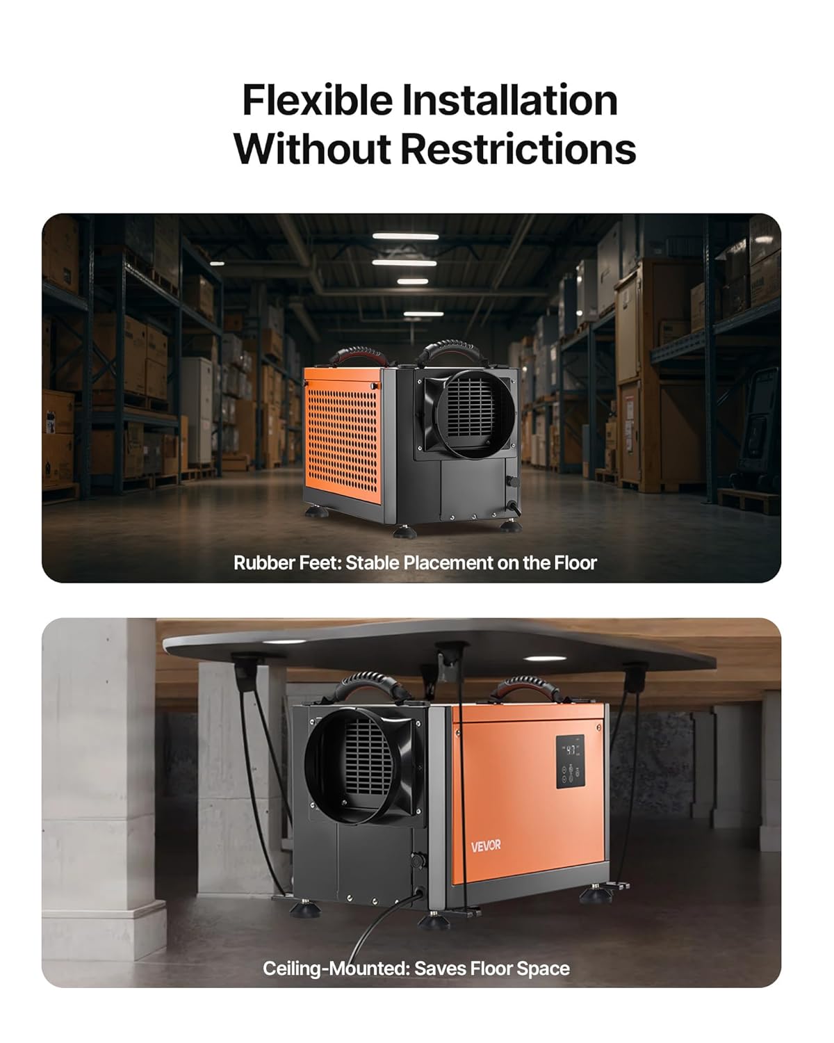 VEVOR 70 Pints Commercial Dehumidifier with Pump, Portable Crawl Space Dehumidifiers for Basement Storage Room Industrial, Auto Defrost/Drainage, Heavy-duty Galvanized Steel, with 2 Drain Hoses