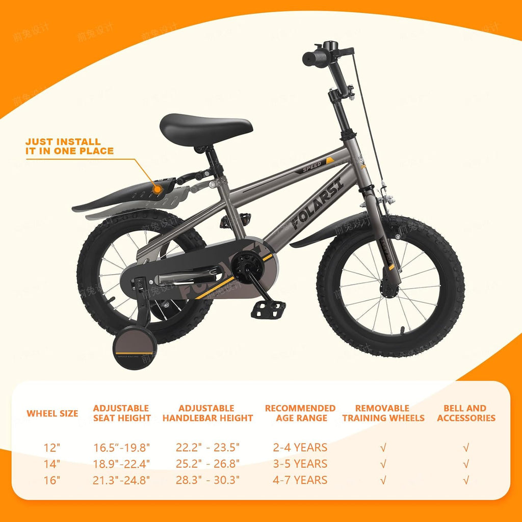 Boys Bike 12 14 16 Inch Kids Bicycle for 2-7 Years, Sporty Children's Mountain Bike with Training Wheels & Dual Brakes, Gray-Black Steel Frame