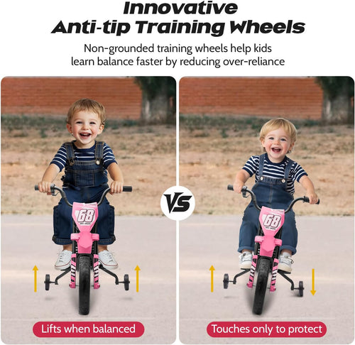 12V Kids Motorcycle w/Treaded Tires, 3.1mph Top Speed, Kids Motorcycle w/Training Wheels, Music, Spring Suspension, Ideal for Toddlers 3-6 Years Old, Pink