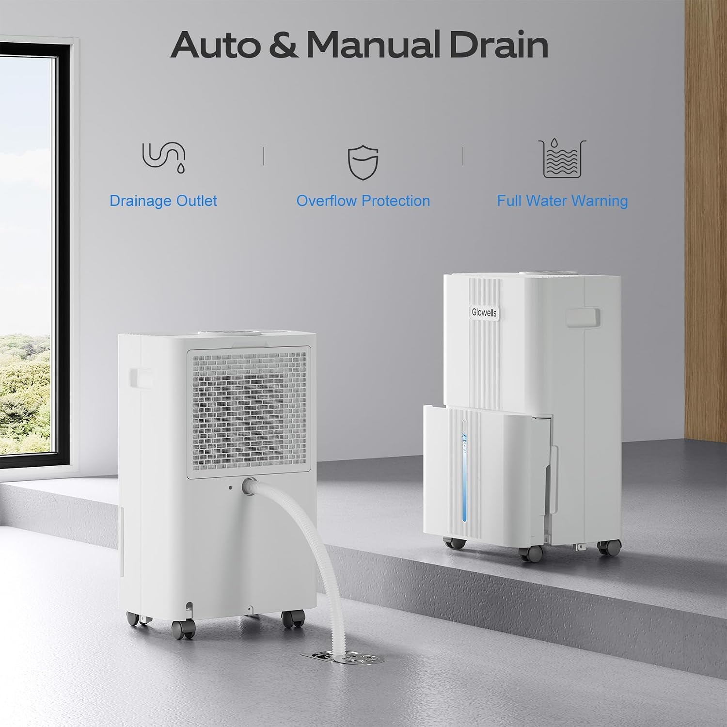 1600 Sq.ft Dehumidifiers for Home, Glowells 21 Pints Dehumidifier with Drain Hose for Basement, Smart Humidity Control Moisture Removal, 3 Operation Modes for RV, Bathroom, Bedroom