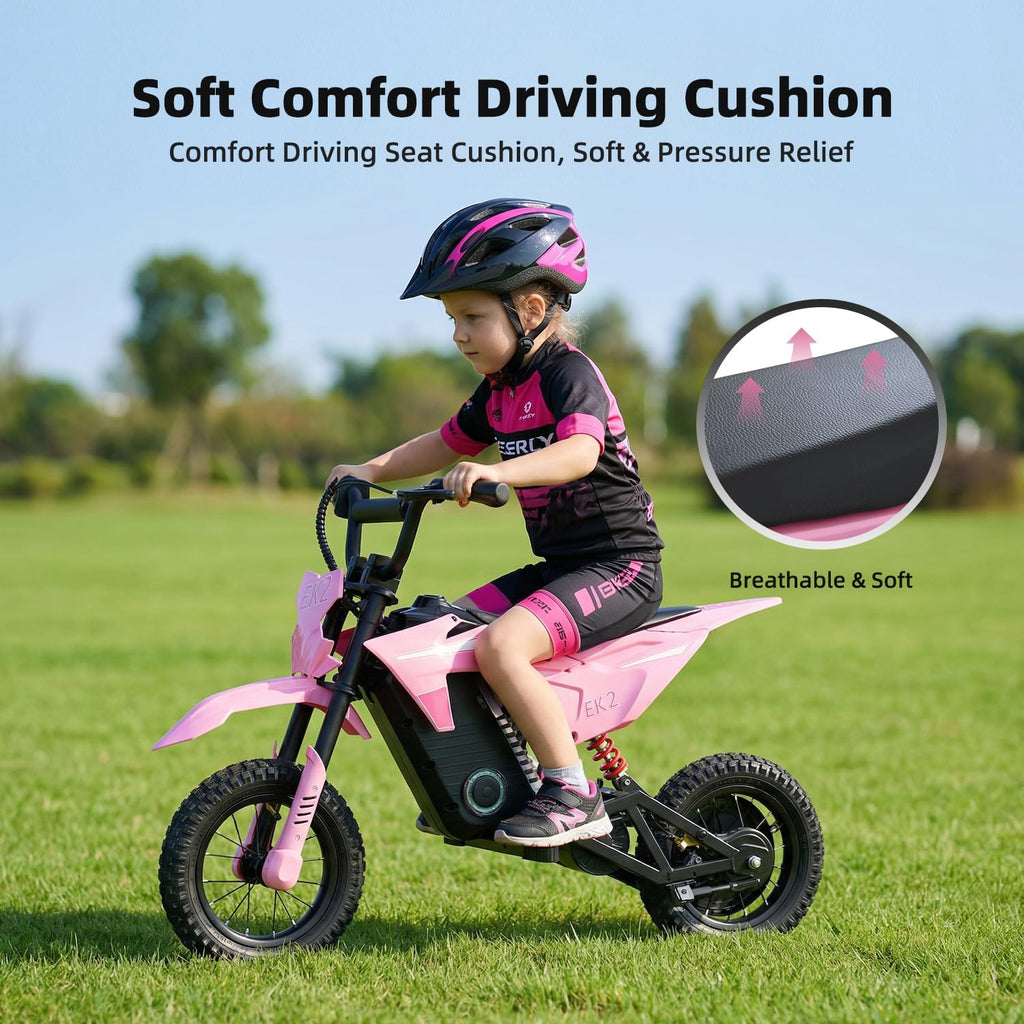 EK2 Kids Electric Dirt Bike, 350W Motor, 15 MPH Max Speed, 36V 5.2Ah Lithium Battery 12 Miles Max Range, Electric Motorcycle for Kids Aged 5-10, Pink