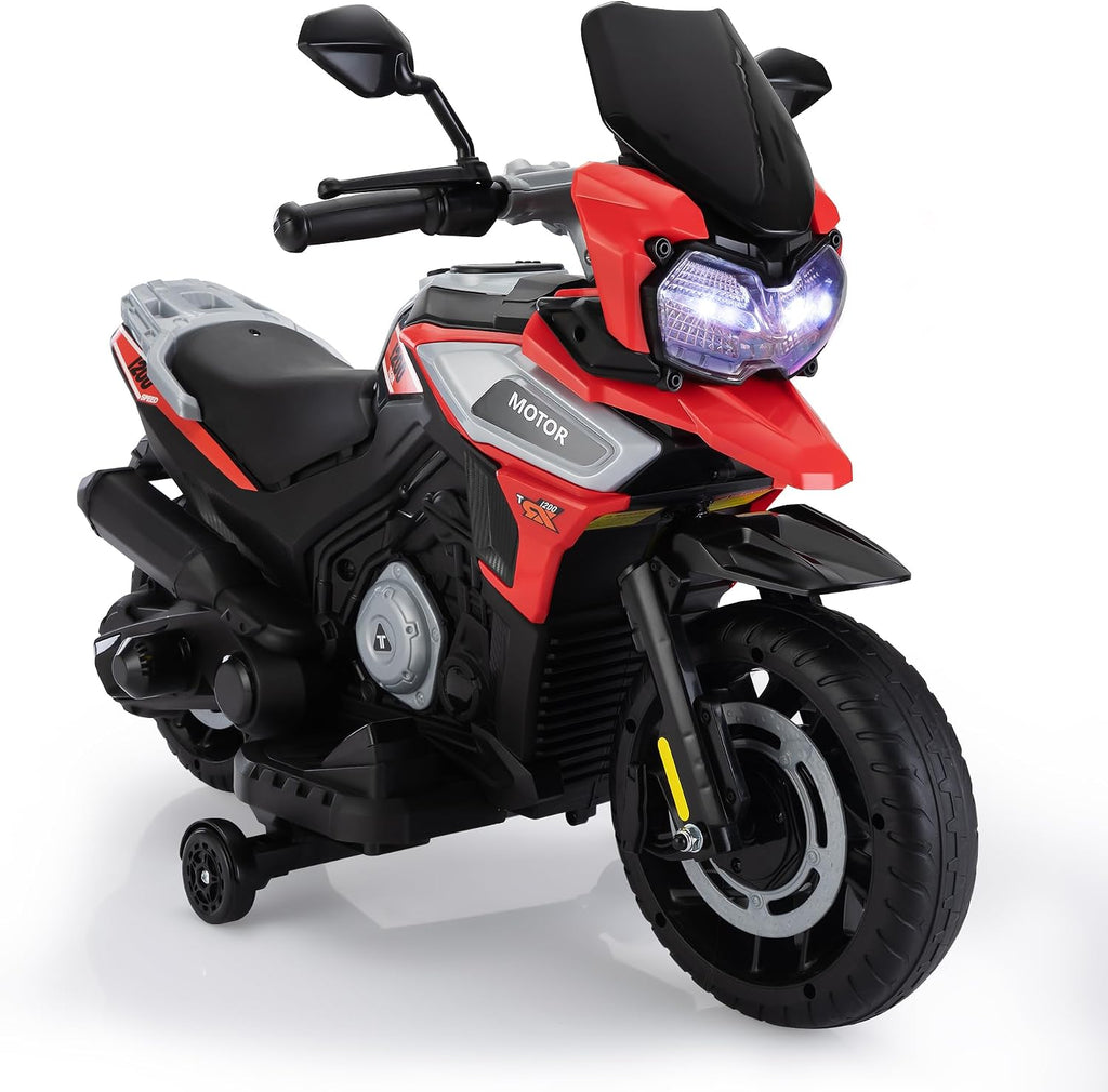 TOBBI Kids Motorcycle Electric Dirt Bike Toddler Motorcycle with Training Wheels 12V Ride on Toys Battery Powered Motor Bike w/Music Headlights for Children, Red
