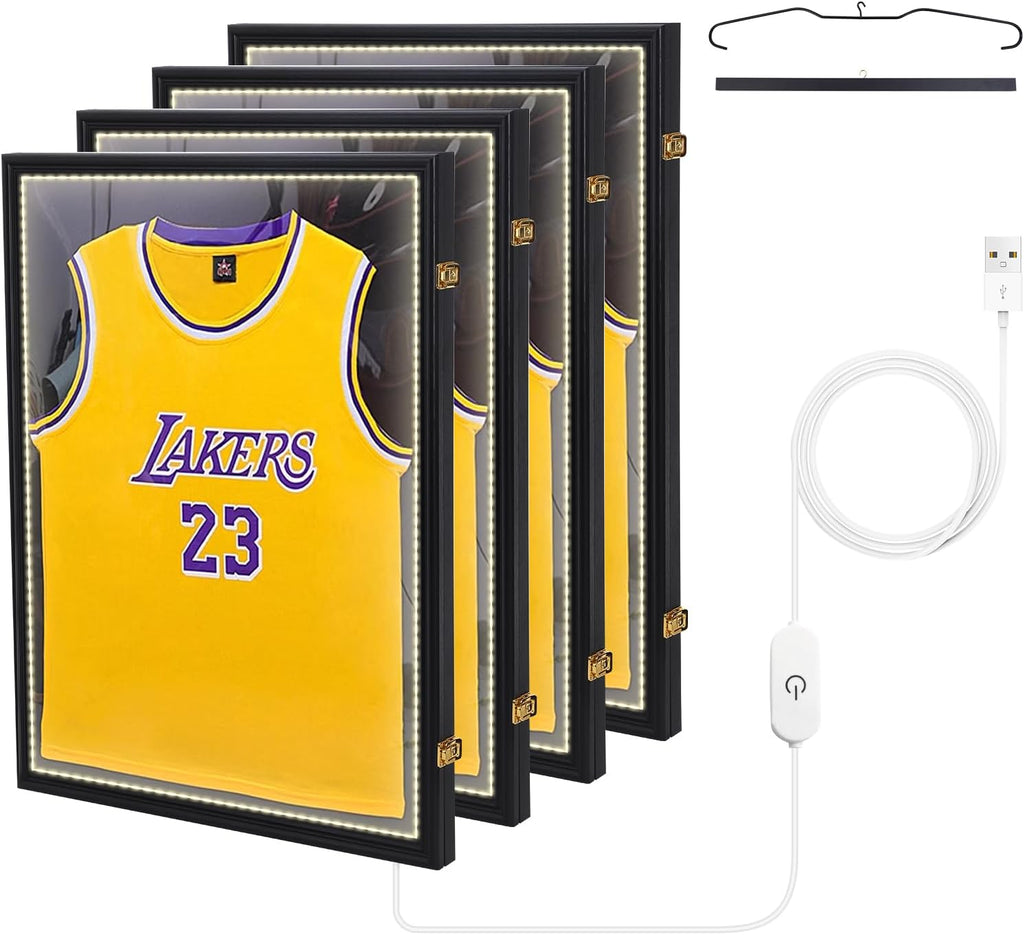 Nice C Jersey Frame Display Case with Lights, Jersey Shadow Box Display Case, Football Jersey Display Case with LED, 98% UV Protection, Valet Pinboard, Acrylic, Basketball (LED-4 Pack), Black