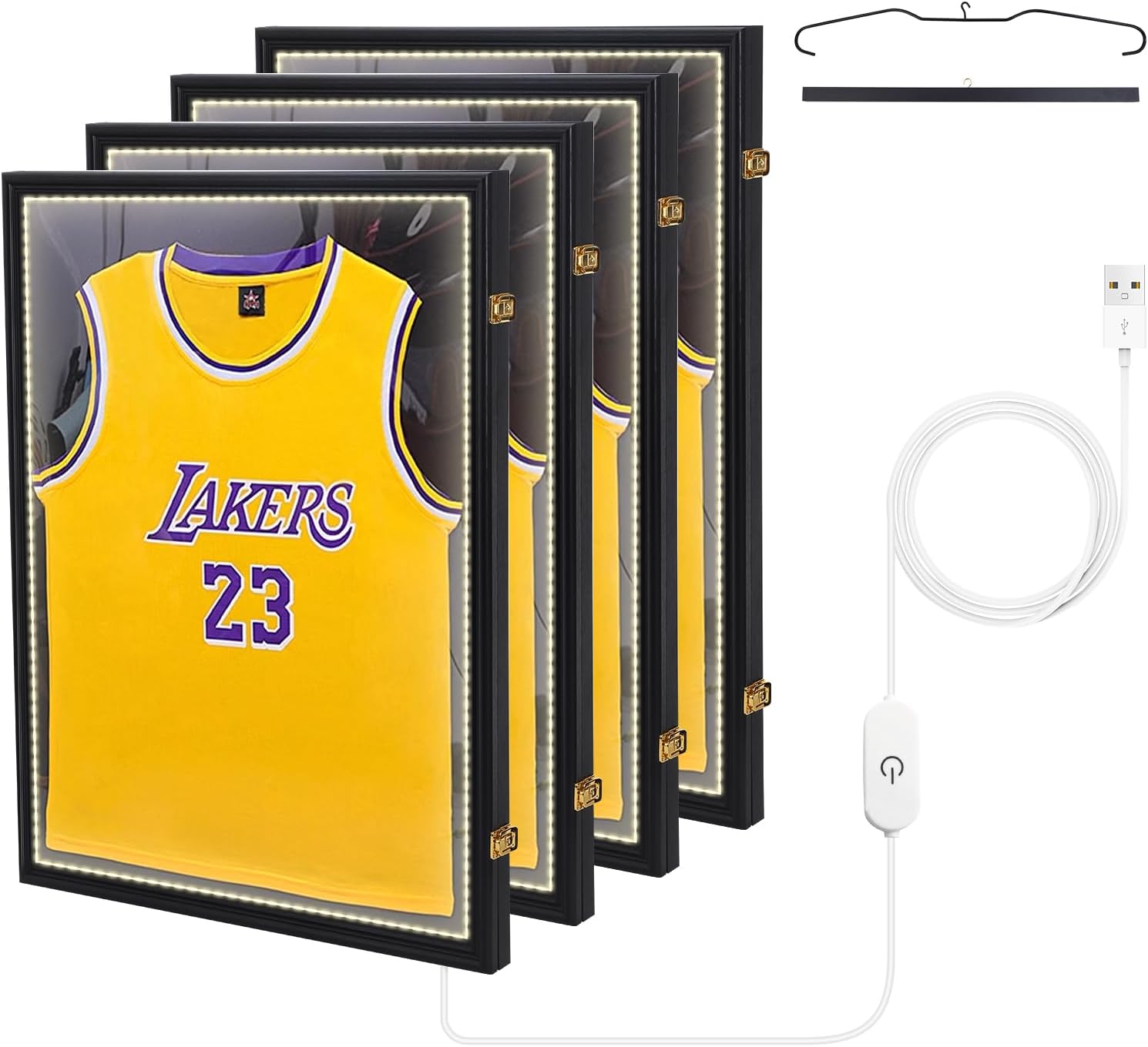 Nice C Jersey Frame Display Case with Lights, Jersey Shadow Box Display Case, Football Jersey Display Case with LED, 98% UV Protection, Valet Pinboard, Acrylic, Basketball (LED-4 Pack), Black