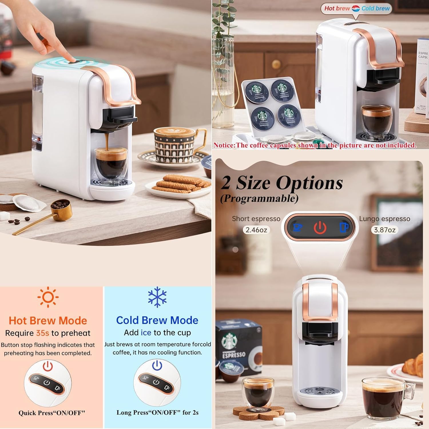 4-in-1 Pods Coffee Maker 19Bar, Compact Design Fast Brew Hot/Cold Espresso Machine for K Cup Pods,Nes Original/DG Capsule and Ground Coffee at Home or Office (White)
