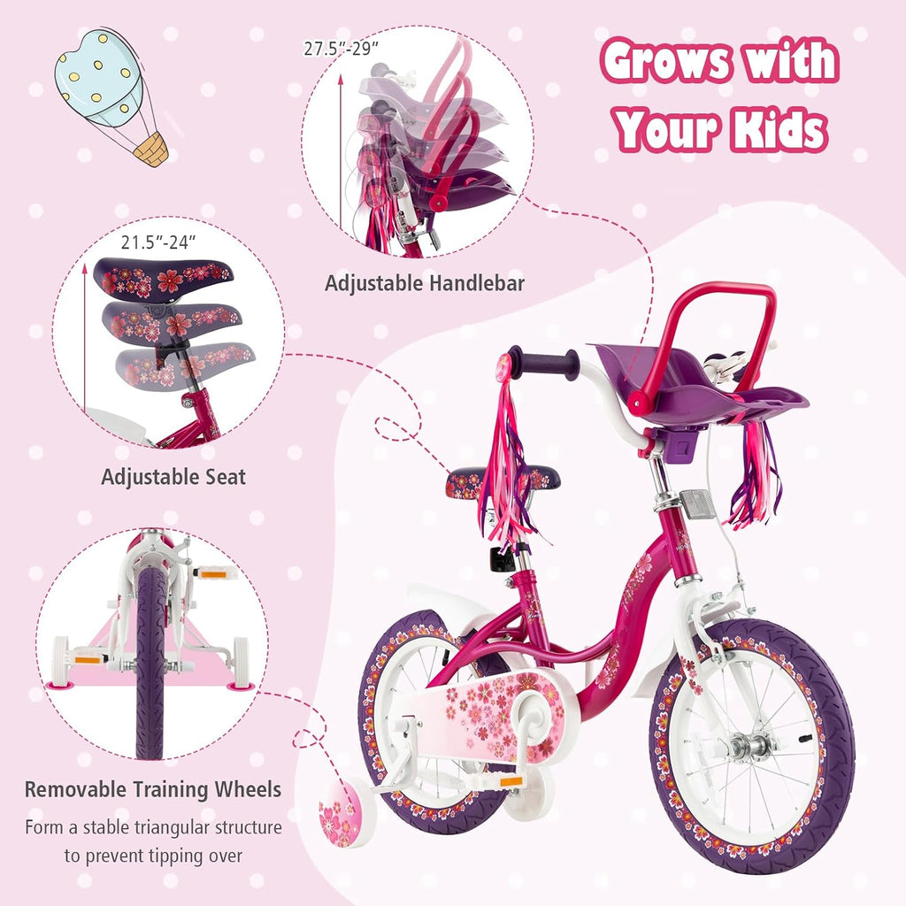 BABY JOY Kids Bike, 12 14 16 18 20 Inch Girls Bike w/Detachable Training Wheels or Kickstand, Storage Basket, Adjustable Seat & Handlebar, Bow or Streamer, Children Bicycle for 3-8 Years Old
