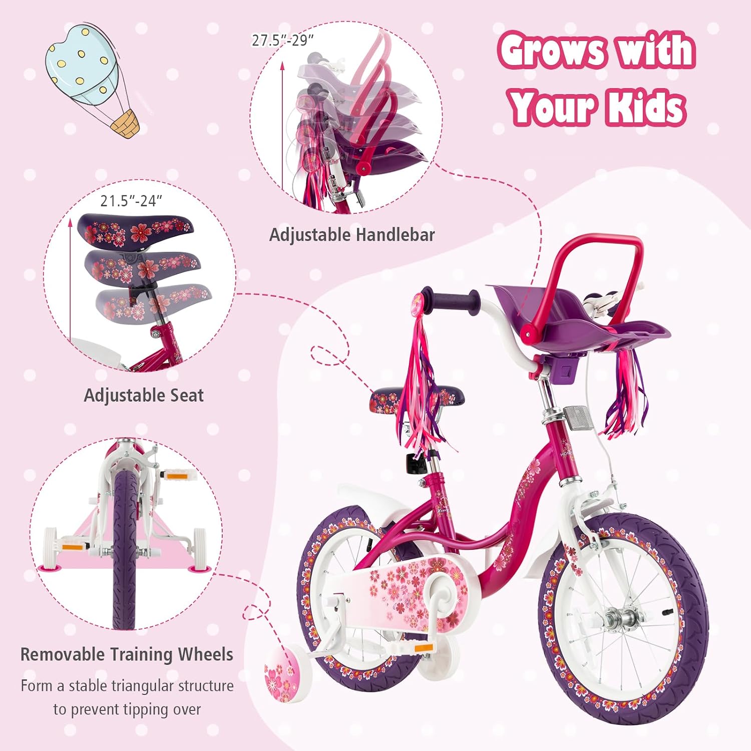 BABY JOY Kids Bike, 12 14 16 18 20 Inch Girls Bike w/Detachable Training Wheels or Kickstand, Storage Basket, Adjustable Seat & Handlebar, Bow or Streamer, Children Bicycle for 3-8 Years Old