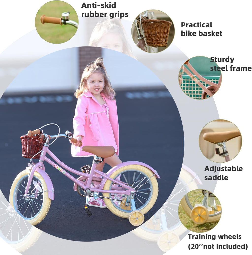 Bixike Retro Design Girls Bike with Basket and Coaster Brake for 3-13 Years Old Kids, 14 16 18 Inch Cruiser Bicycle for Toddlers with Training Wheels, 20 24 26 Inch with Kickstand, Multiple Colors