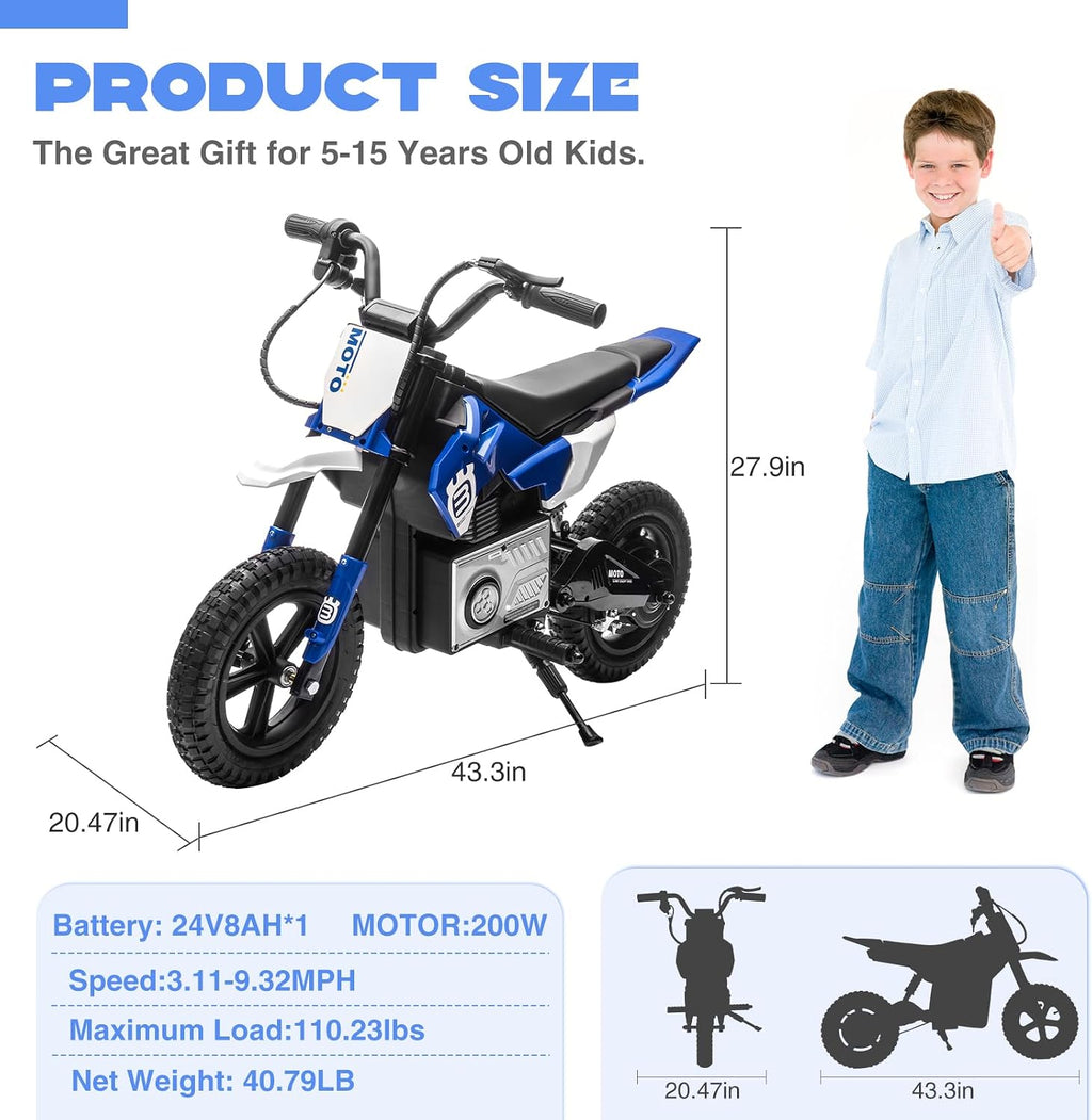 WEEROCK 24V Kids Electric Dirt Bike for 5-15 Years Old, 200W Ride on E-Motorcycle 3.11-9.32MPH Speed, Rear Shock Absorber, LED Breath Lamp, Bluetooth for Boys Girls Children Electria Toy Gift, Blue