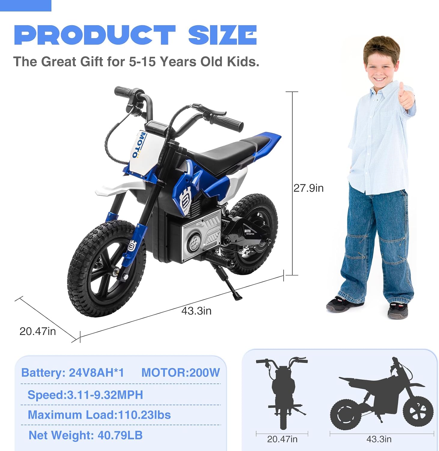WEEROCK 24V Kids Electric Dirt Bike for 5-15 Years Old, 200W Ride on E-Motorcycle 3.11-9.32MPH Speed, Rear Shock Absorber, LED Breath Lamp, Bluetooth for Boys Girls Children Electria Toy Gift, Blue