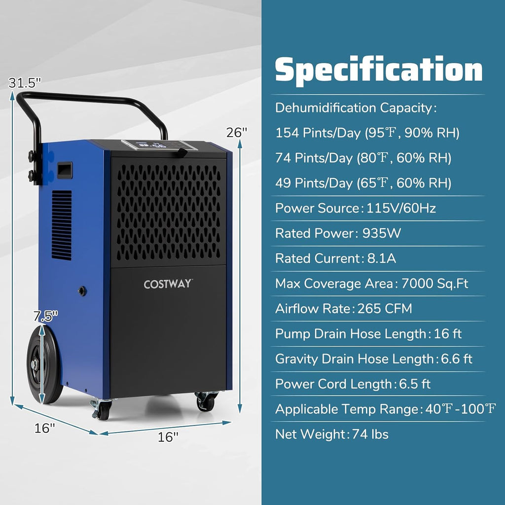 COSTWAY 154 Pints Commercial Dehumidifier with Pump, Portable Industrial Heavy Duty Large Dehumidifier with Drain Hoses for Basements, Job Sites (Blue, 16' x 16' x 31.5')