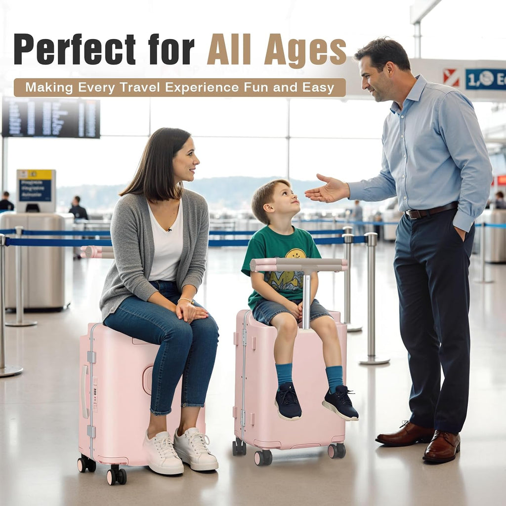 Kids Ride-On Luggage with Adjustable Safety Seat, 20 Inch Carry On Suitcase with 360° Silent Wheels, Cup & Tablet Holder, TSA Lock, For Toddlers to Adults, 200lbs Support, Lightweight Travel Suitcase