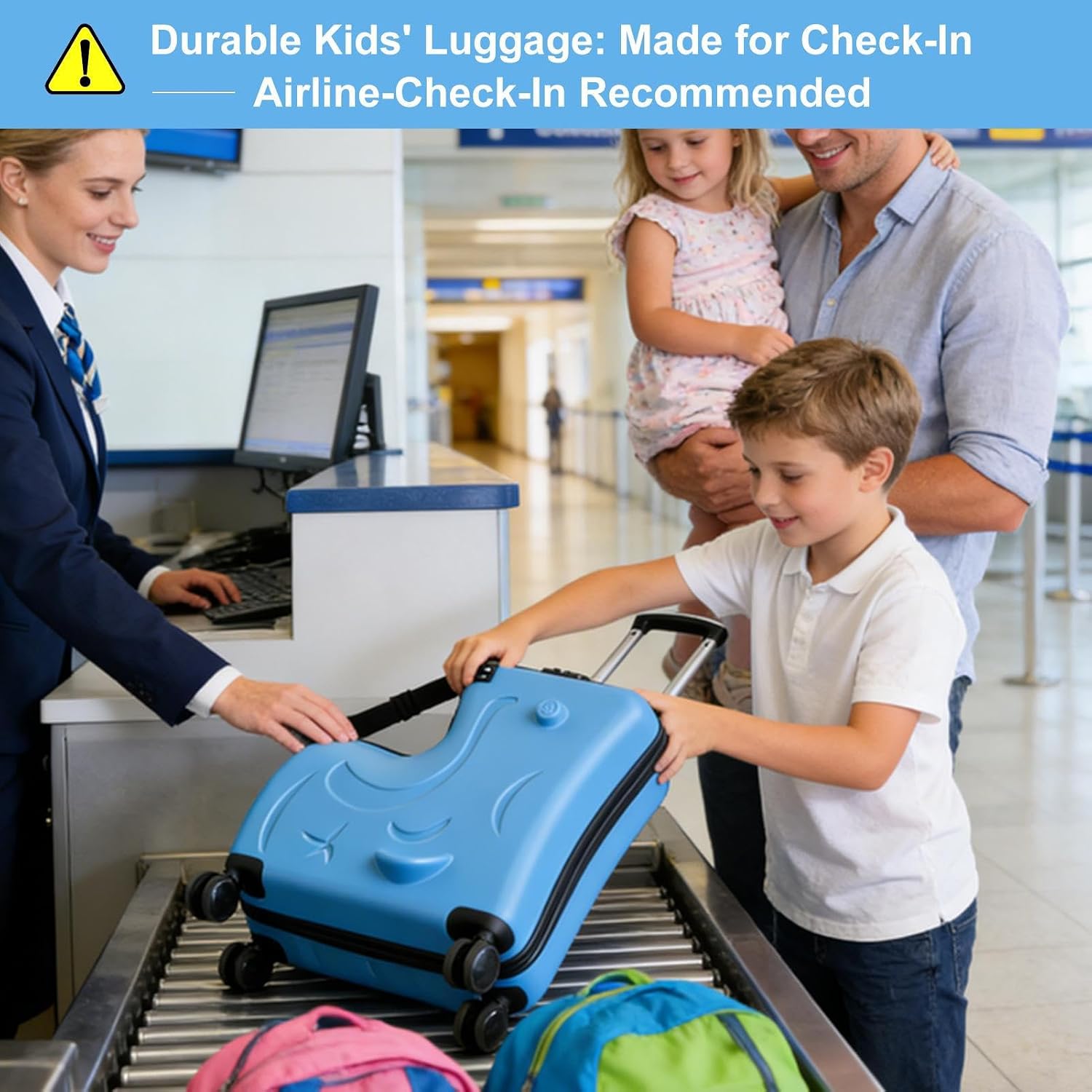 24 Inch Kid Ride Suitcase, Kid Luggage Seat Ride With Lock - Kids Travel Trolley With Safety Belt, Kids Luggage With Wheels Child Stroller Spinner Luggages, ABS+PC (Blue, 6-12 Years)