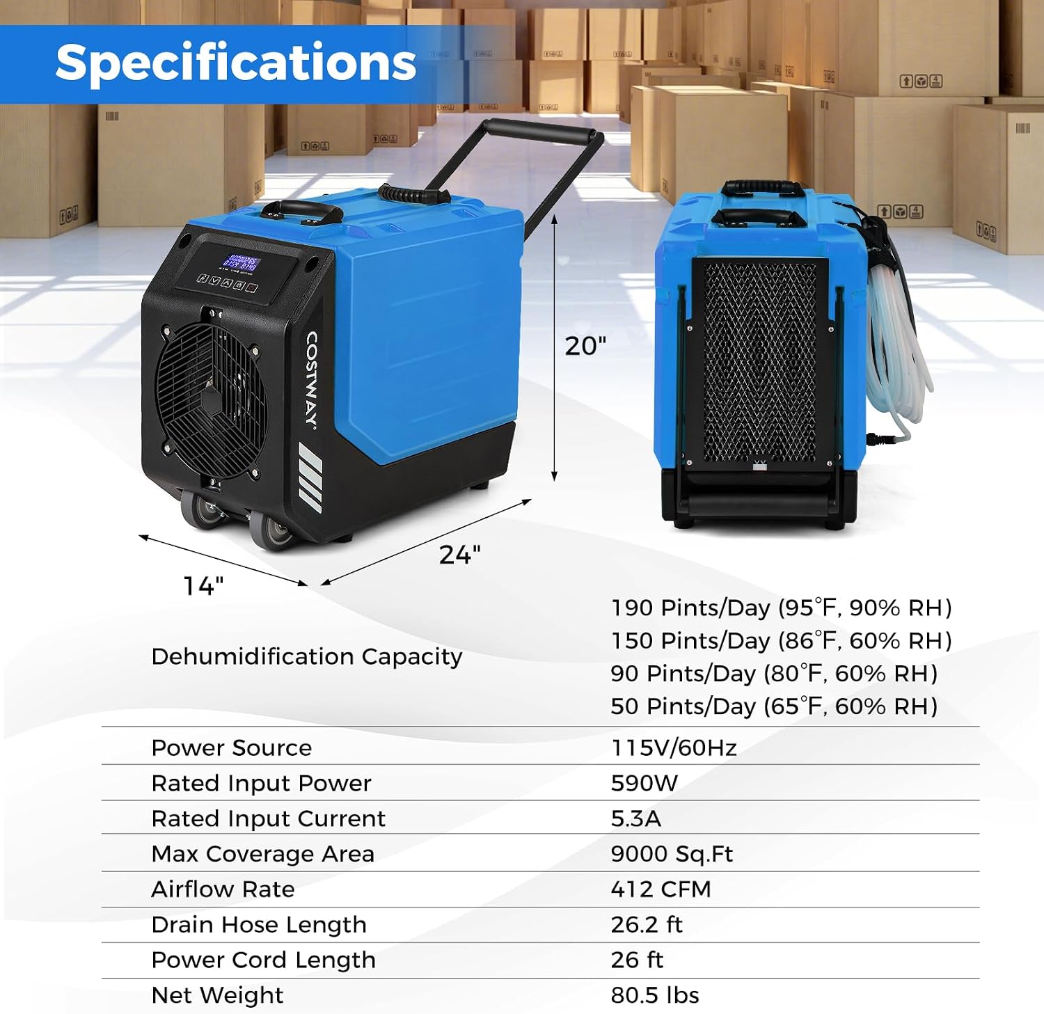 COSTWAY 190 PPD Commercial Dehumidifier with Pump, Rotational Molded Crawl Space Dehumidifier with 26Ft Drain Hose for Water Damage Restoration, Basement (Blue)