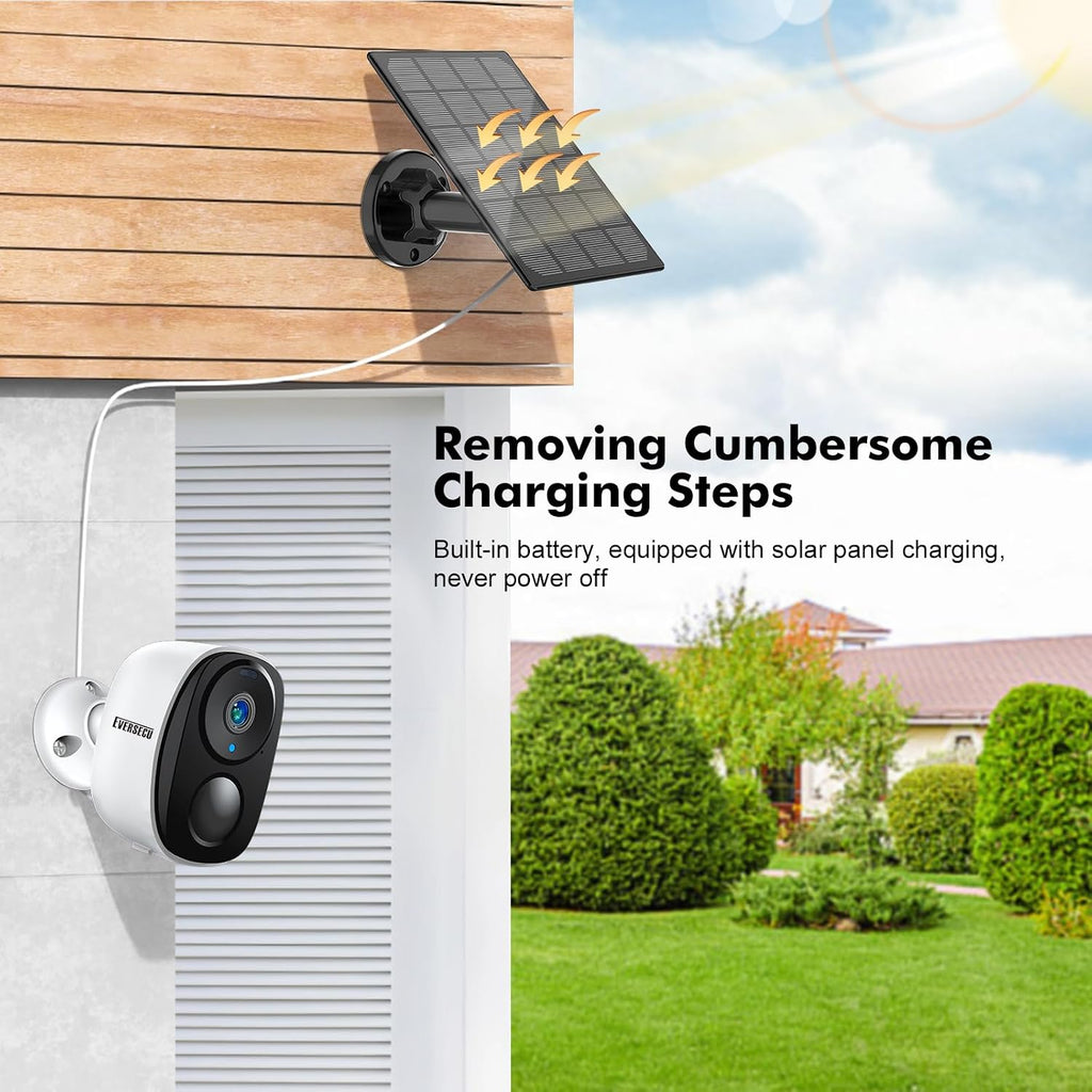 EVERSECU 2K 3MP Solar-Powered Wireless Security Camera Support Pairing Via Bluetooth, Outdoor WiFi Home CCTV Bullet Camera, Spotlight, PIR Motion Detection, 2-Way Audio, Compatible with Alexa(4pack)