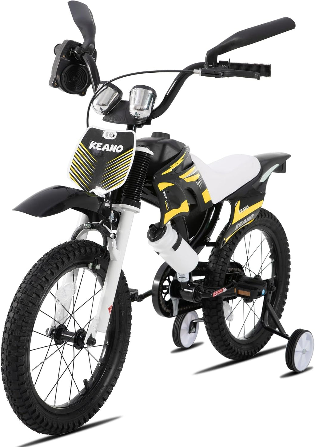 KEANO Motocross Style Kids Bike for Boys Girls Ages 3-7 Years, 12 & 16 Inch Bikes with Training Wheels and Number Plate, Children Bicycles Black