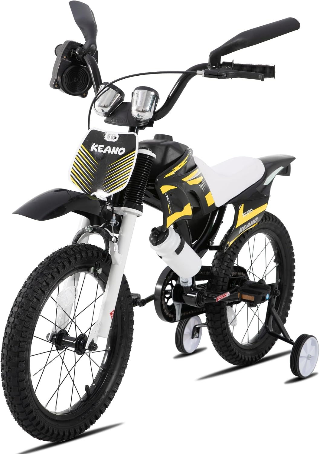 KEANO Motocross Style Kids Bike for Boys Girls Ages 3-7 Years, 12 & 16 Inch Bikes with Training Wheels and Number Plate, Children Bicycles Black