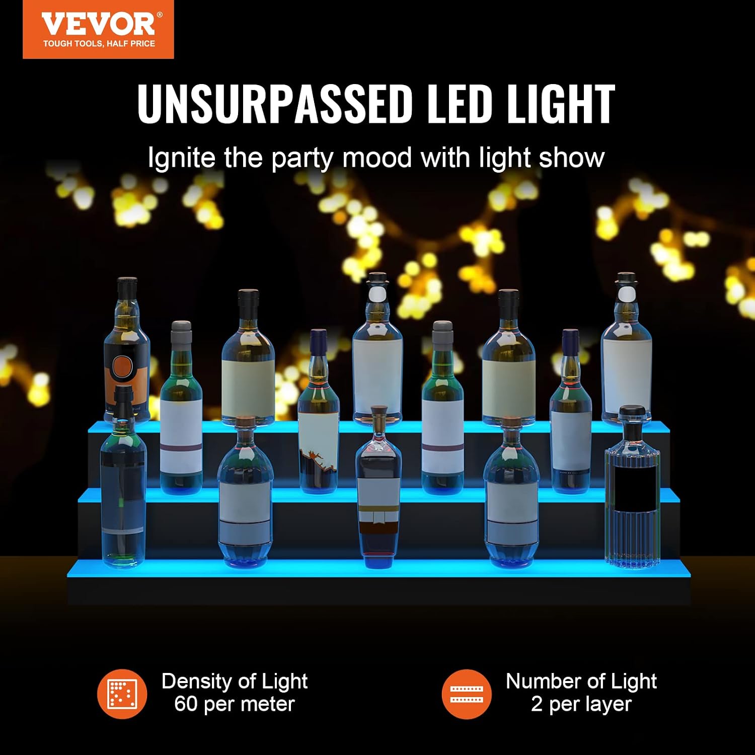 VEVOR LED Lighted Liquor Bottle Display, 3 Tiers 40 Inches, Supports USB, Illuminated Home Bar Shelf with RF Remote & App Control 7 Static Colors 1-4 H Timing, Acrylic Lighted Shelf for 30 Bottles