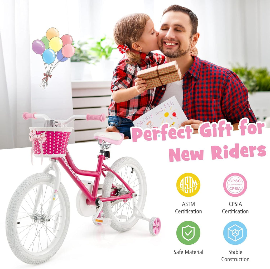 HONEY JOY Kids Bike, 14 16 18 Inch Girls Bike for Toddlers w/Training Wheels, Handbrake & Coaster Brake, Steel Frame, Fully Enclosed Chain, Little Princess Style Children Bicycle, Gift for Girls 3-8
