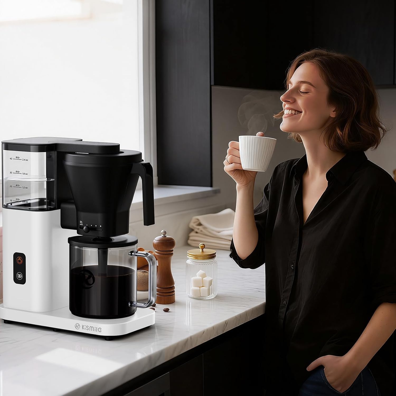 Kismile 8-Cup Drip Coffee Maker,SCA-Certified,Rapid Heating System for Seconds Brewing,Automatic Pour Over Coffee Machine,Detachable Water Tank,Deep Cold Brew & Keep Warm 40 Min, Easy to Clean (White)