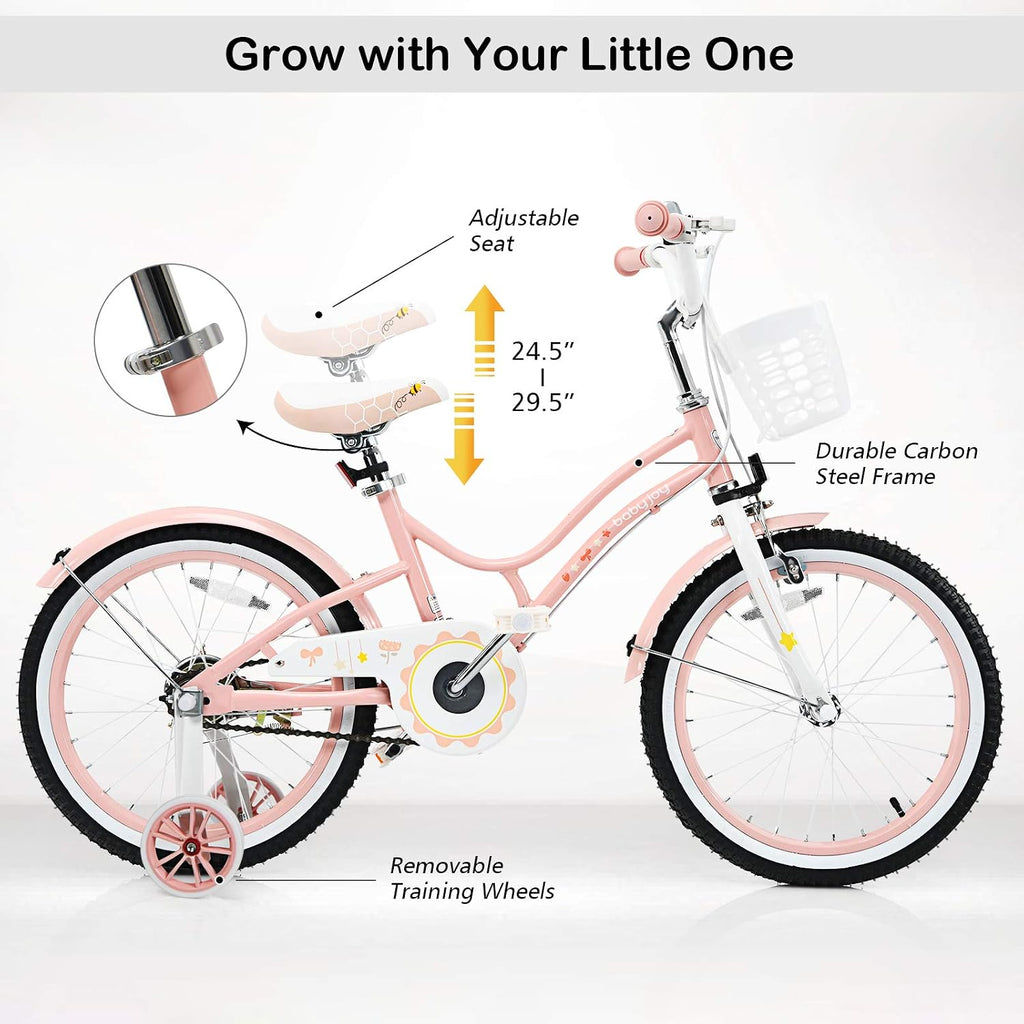 BABY JOY Girls Bike, 12' 14' 16' 18' Kids Bike for 3-8 Years Old with Training Wheels, Adjustable Seat & Handlebar, Handbrake & Coaster Brake, Children Bicycle
