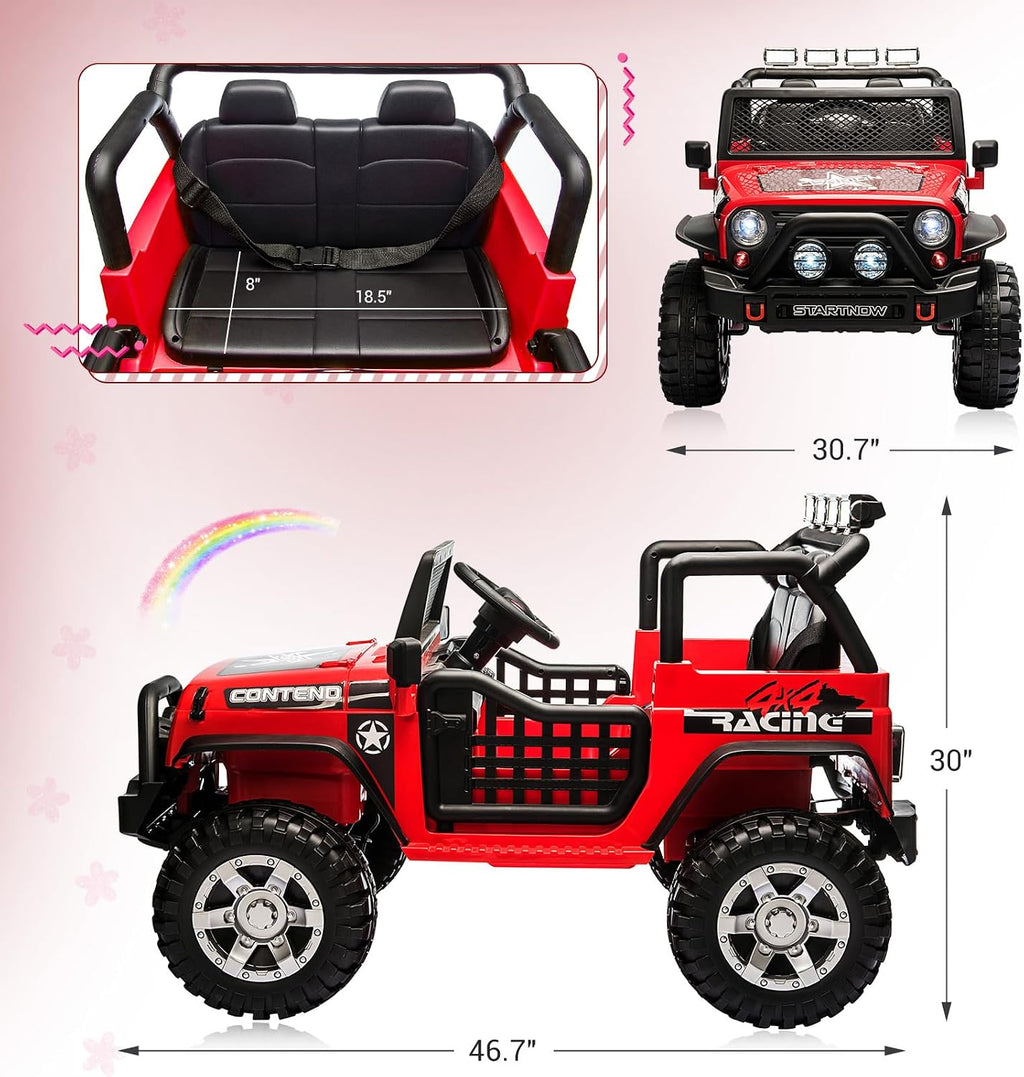 SEHOMY 2-Seater Ride on Truck, 12V Battery Powered Kids' Electric Vehicle w/Remote Control, 3 Speeds, Spring Suspension, LED Headlight, Horn, Music/ MP3, Safety Belt, Ride on Toys Car for Kids (RED)