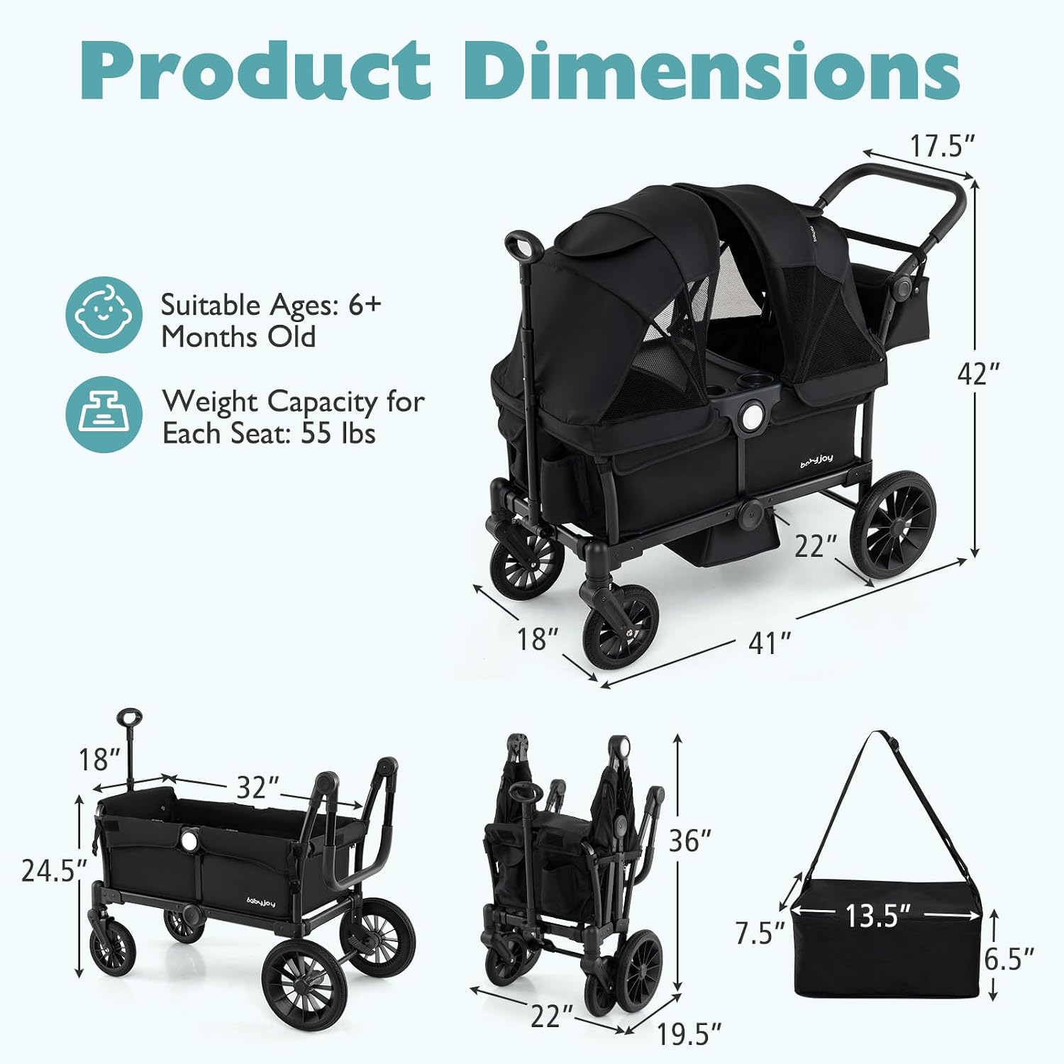 BABY JOY Wagon Stroller for 2 Kids, Collapsible Push Pull Double Stroller Wagon with Adjustable Handle Bar, Removable Canopy, Safety Harness, Cup Holder, Snack Tray & Storage Bag (Black)