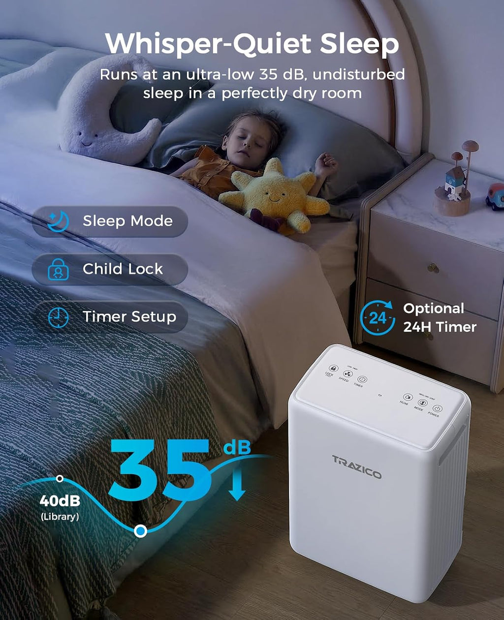 2000 Sq.ft Dehumidifier for Basement, Trazico 30 Pint Dehumidifiers for Home with Drain Hose, Quiet Operation, Intelligent Humidity Control, 3 Modes, 24H Timer, Auto Defrost, for Bathroom Bedroom RV