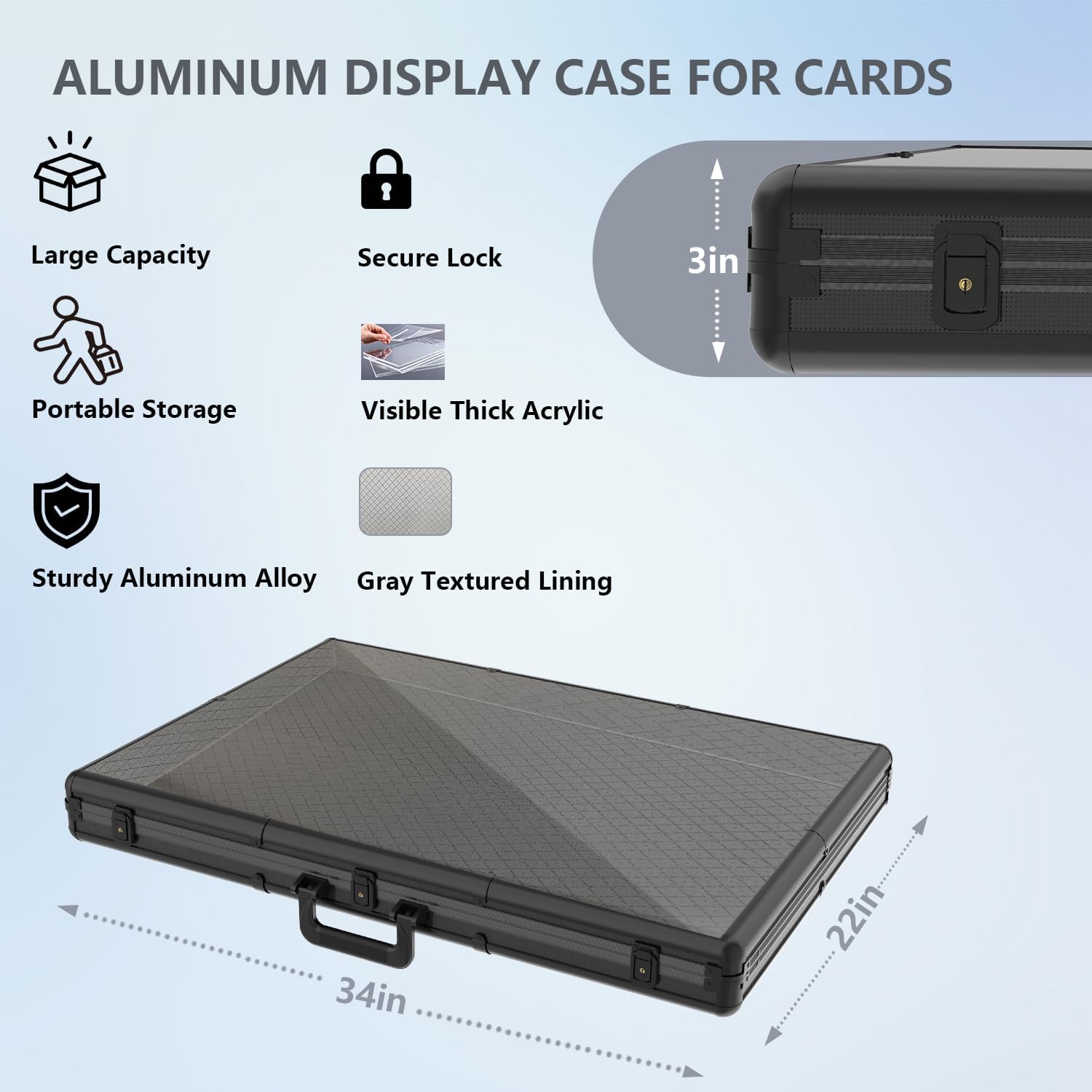 Card Display Case Large Aluminum 34' L x 22' W, Lockable Trading Card Display with Handle, 3' H Portable Trade Show Display Case for Sports Card/TCG/Jewelry Collection, Black