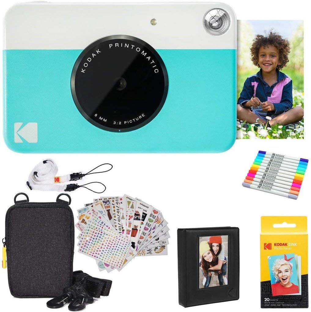 KODAK Printomatic Full-Color Instant Print Digital Camera Colorful Photos On Zink 2x3' Sticky-Back Photo Paper 5MP Gift Bundle: Case + Zink 2x3' 20pk + Album + Stickers + Frames + Markers - Blue