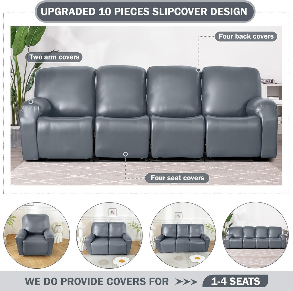 vctops 10 Pieces Waterproof Faux PU Leather Recliner Sofa Covers Stretch Soft 4 Seats RV Couch Cover Anti-Slip Sofa Slipcover Furniture Protector with Elastic Bottom for Kids Pet(Grey,4 Seat)