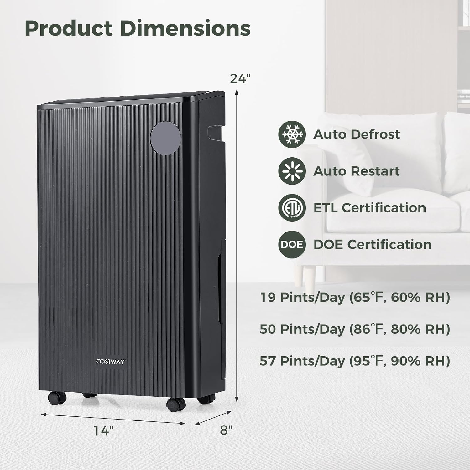 COSTWAY 4,500 Sq. Ft Dehumidifier for Basement, 3-Color Humidity Indicator, Dry Clothes Mode, 12' Drain Hose & Wheels, 57 Pints Dehumidifier for Large Room (Black)