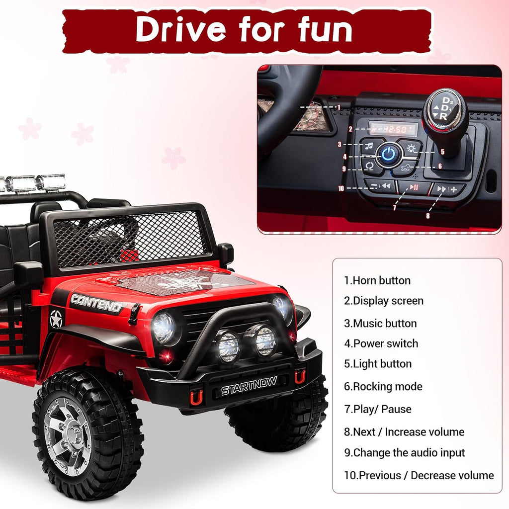 SEHOMY 2-Seater Ride on Truck, 12V Battery Powered Kids' Electric Vehicle w/Remote Control, 3 Speeds, Spring Suspension, LED Headlight, Horn, Music/ MP3, Safety Belt, Ride on Toys Car for Kids (RED)