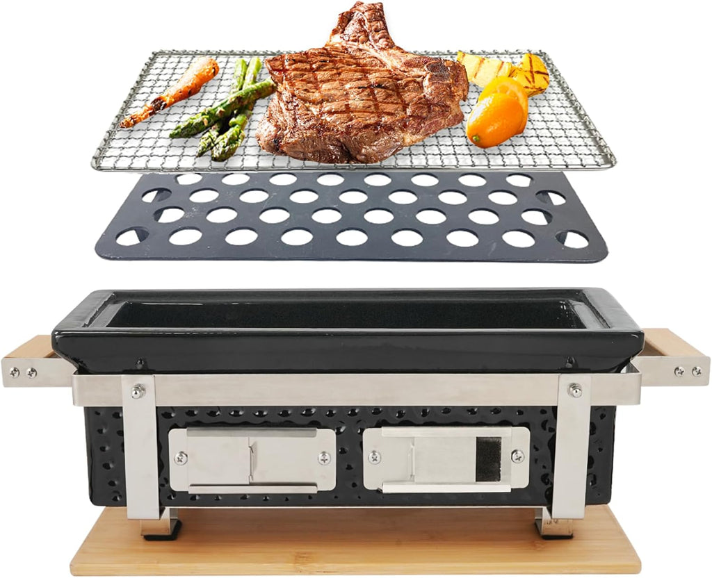 Yakitori Ceramic Charcoal Grill, Japanese Style Tabletop BBQ With Bamboo Heat Shield For Indoor/Outdoor, Square, 16'x9'